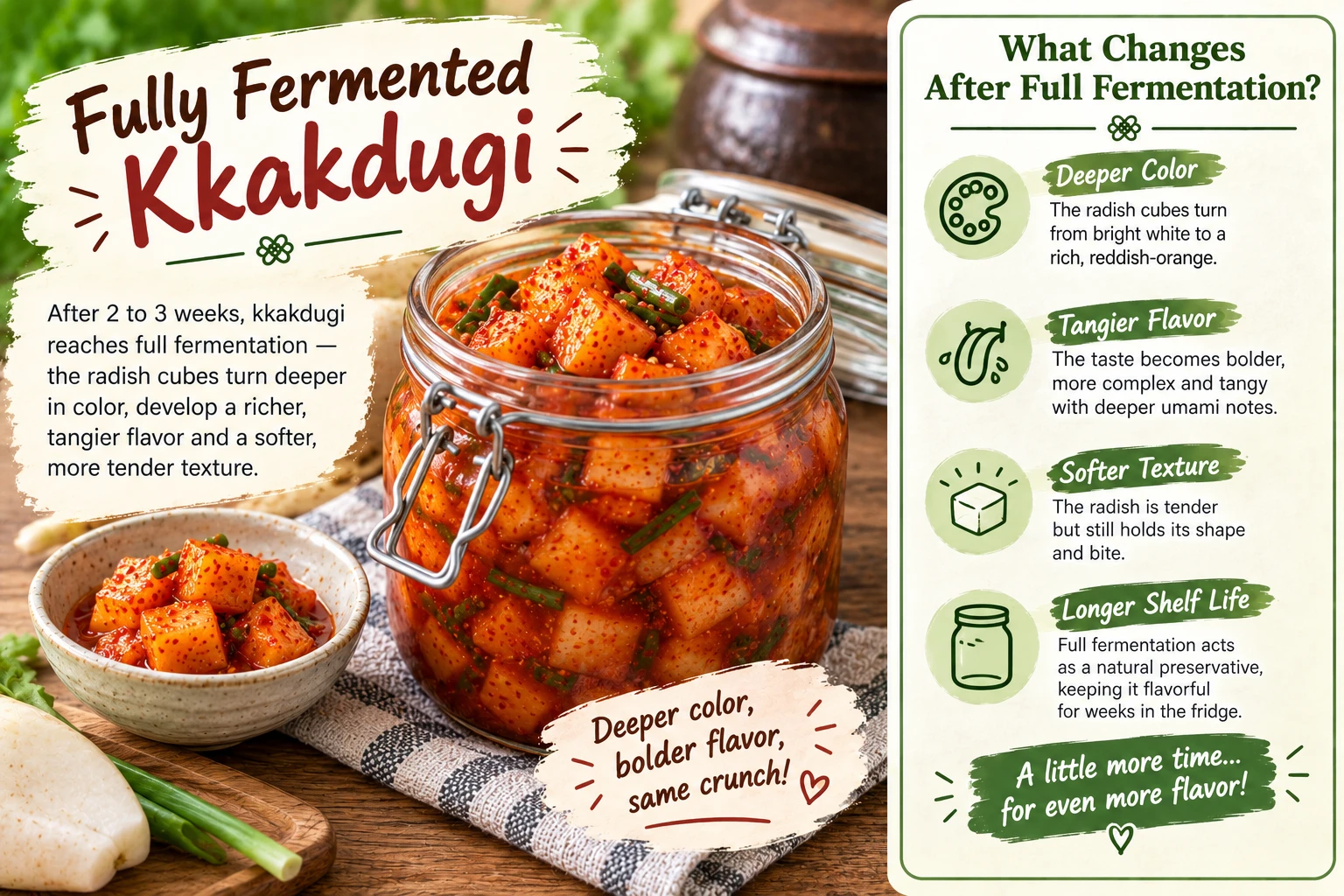 Fully fermented kkakdugi after two to three weeks darker and tangier in a jar