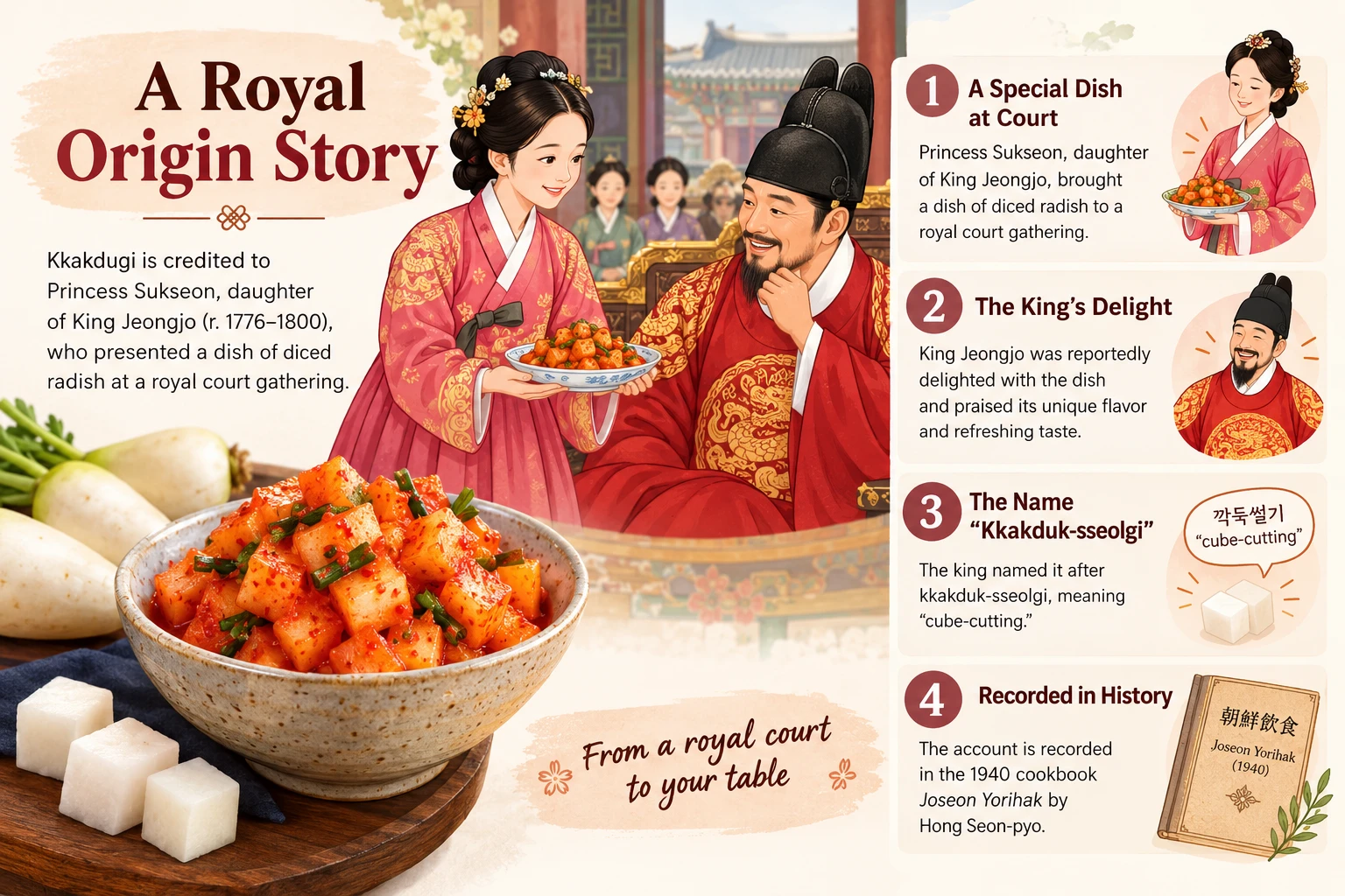 Illustration referencing the royal court origin story of kkakdugi in the Joseon dynasty