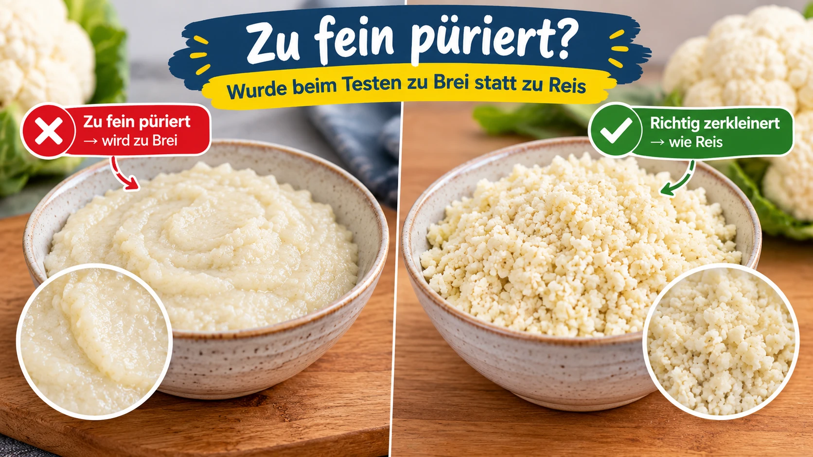Zu fein pürierter Blumenkohl wurde beim Testen zu Brei statt zu Reis