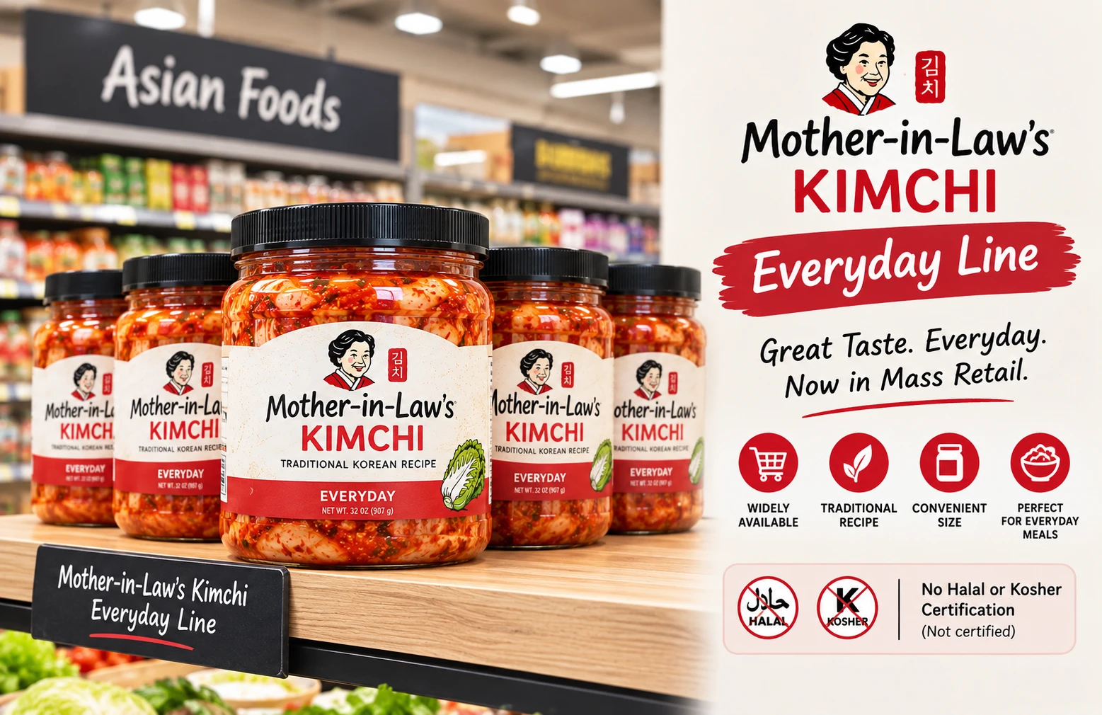 Mother-in-Law's Everyday Kimchi mass retail line no halal kosher certification