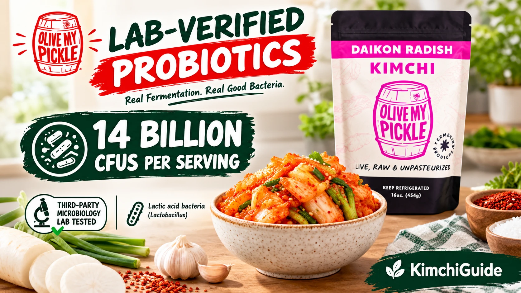 Olive My Pickle kimchi lab verified CFU probiotic count 14 billion