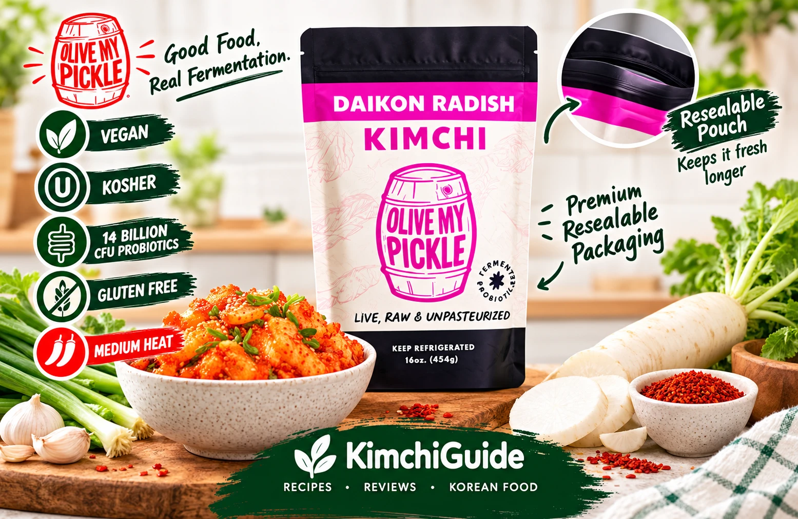 Olive My Pickle kimchi resealable pouch packaging
