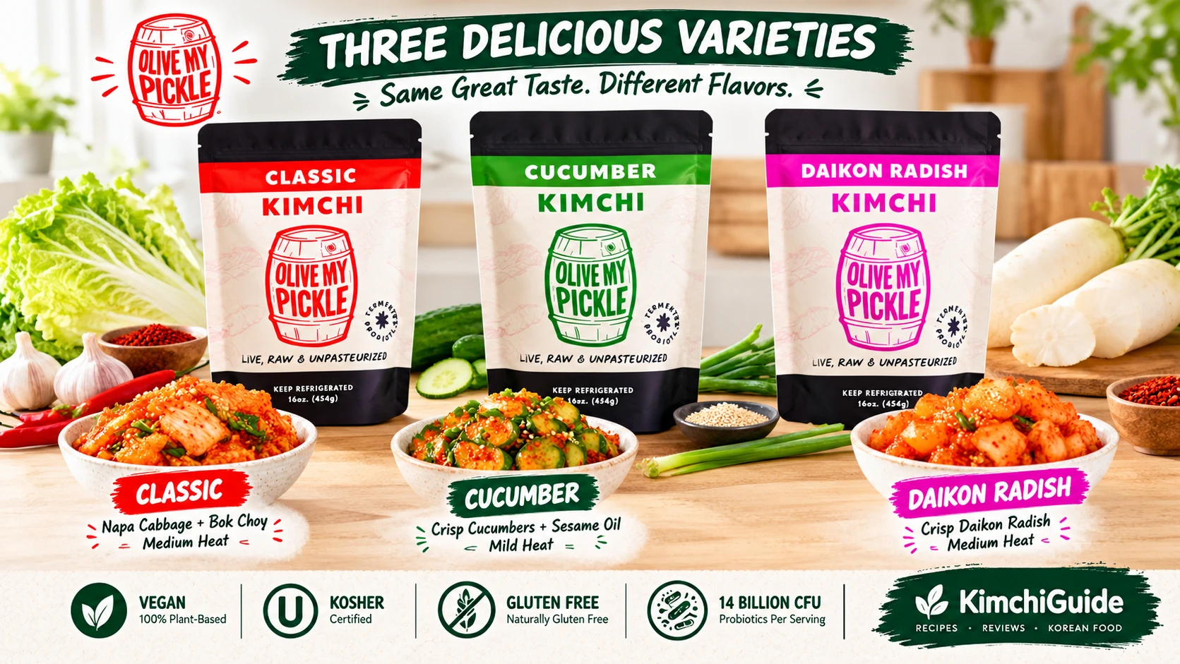 Olive My Pickle Kimchi three varieties Classic Cucumber Daikon Radish side by side