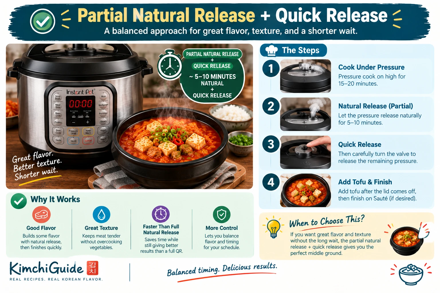Partial natural release plus quick release balanced kimchi jjigae