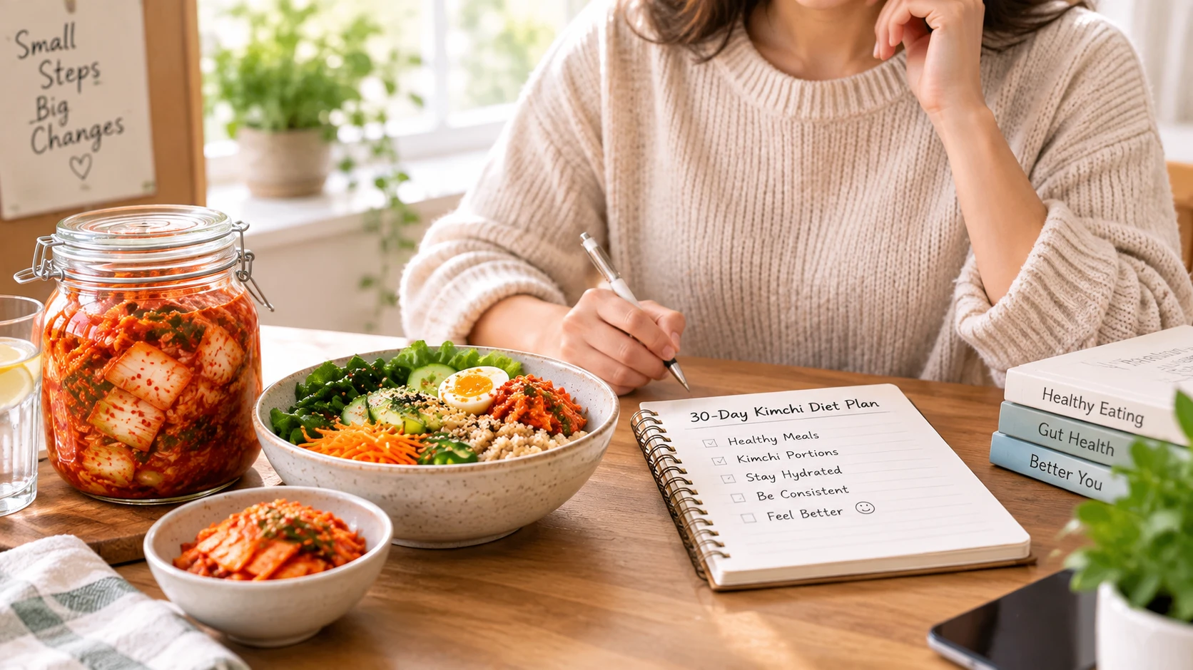 A person calmly resuming their 30-day kimchi diet plan and kimchi jar after a week off, illustrating a fresh restart