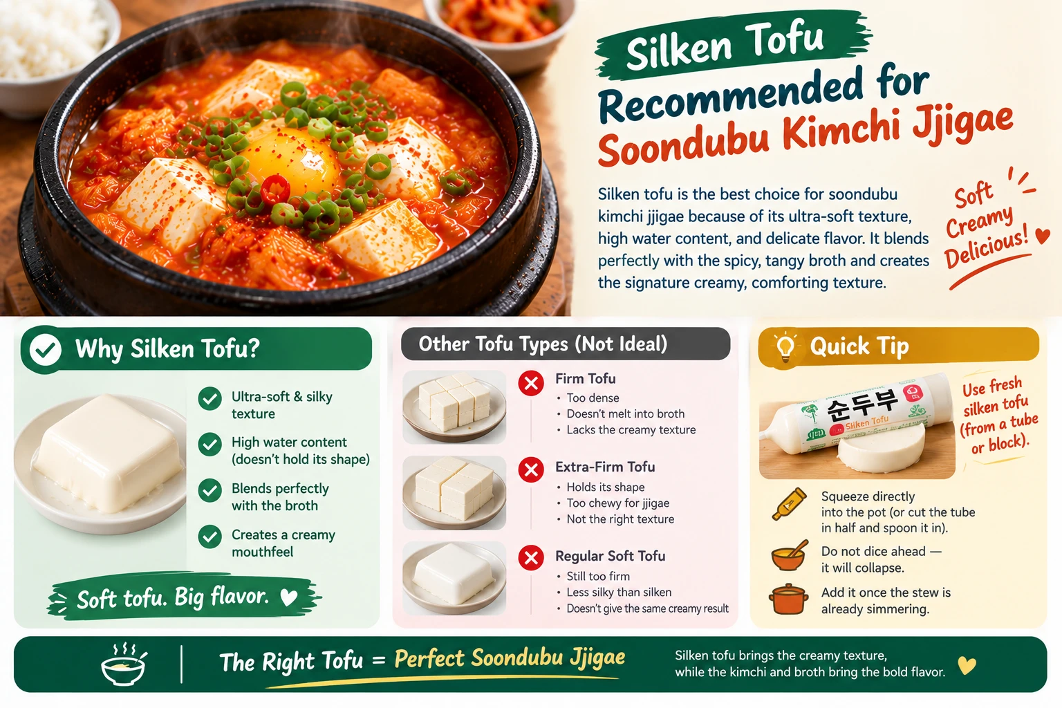 Silken soft tofu recommended for soondubu kimchi jjigae