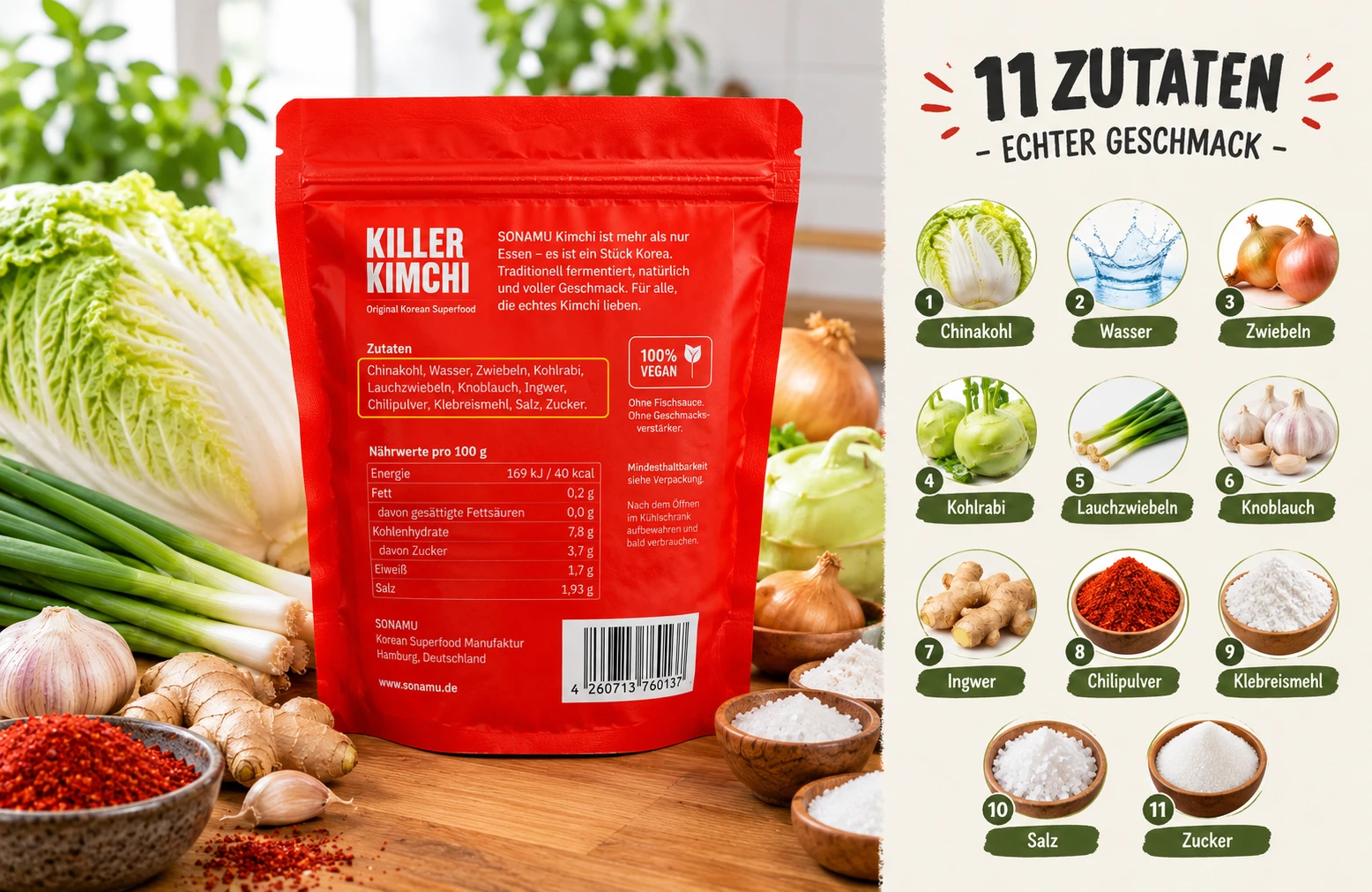 SONAMU Kimchi Zutatenliste Etikett 11 Zutaten