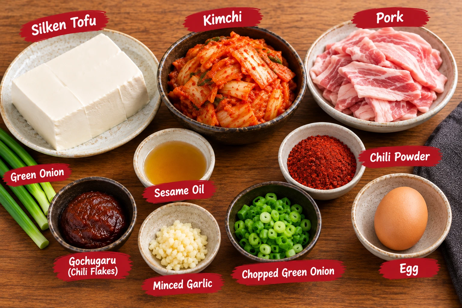 All ingredients for soondubu kimchi jjigae laid out including silken tofu kimchi pork gochugaru egg
