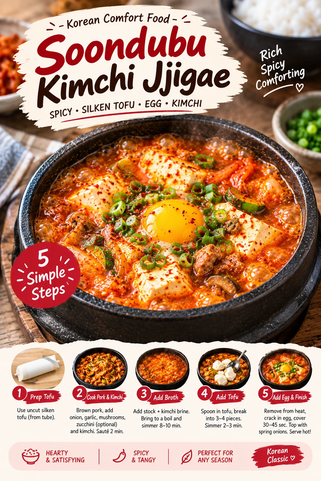 Soondubu kimchi jjigae bubbling in stone pot with silken tofu and egg