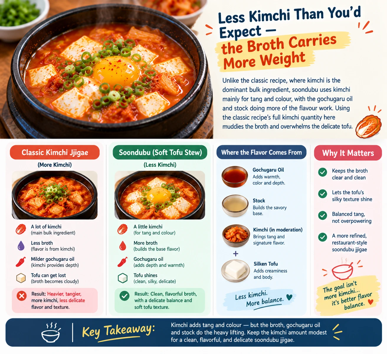 Reduced kimchi quantity for clean soondubu jjigae broth
