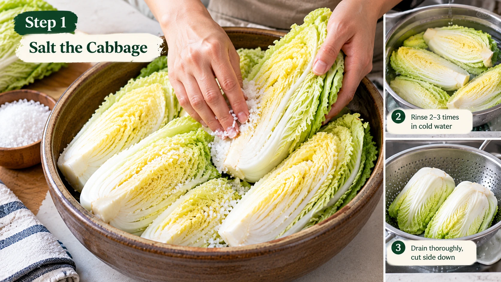 Napa cabbage quarters being salted for baek kimchi