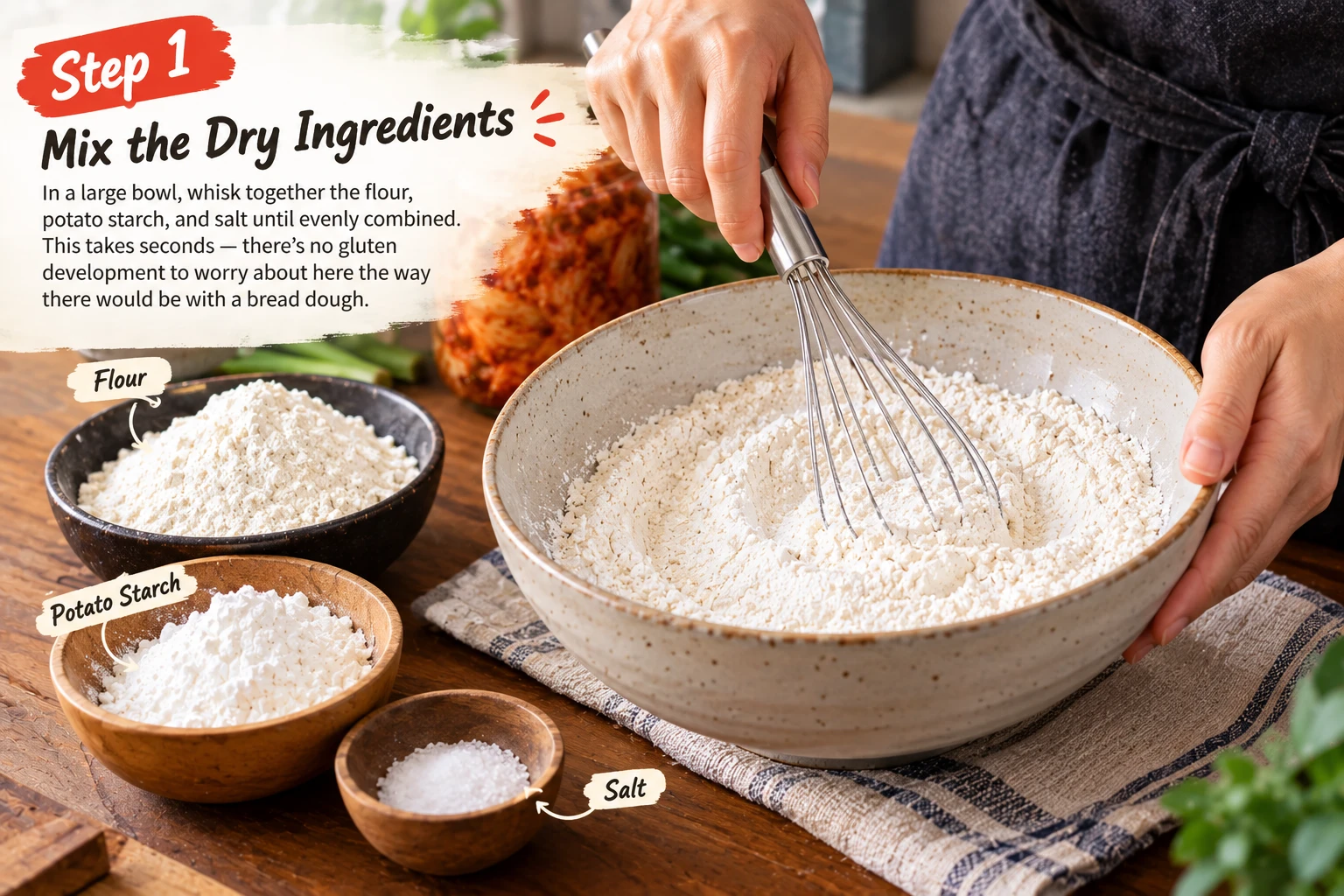 Whisking flour and potato starch together in a bowl for kimchi pancake batter
