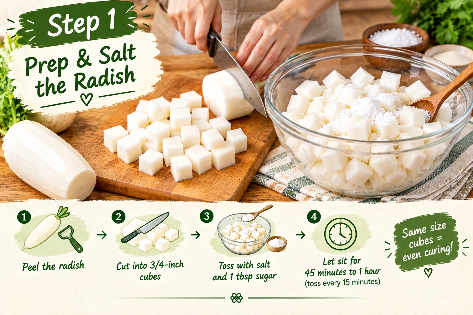 Cutting Korean radish into cubes before making kkakdugi
