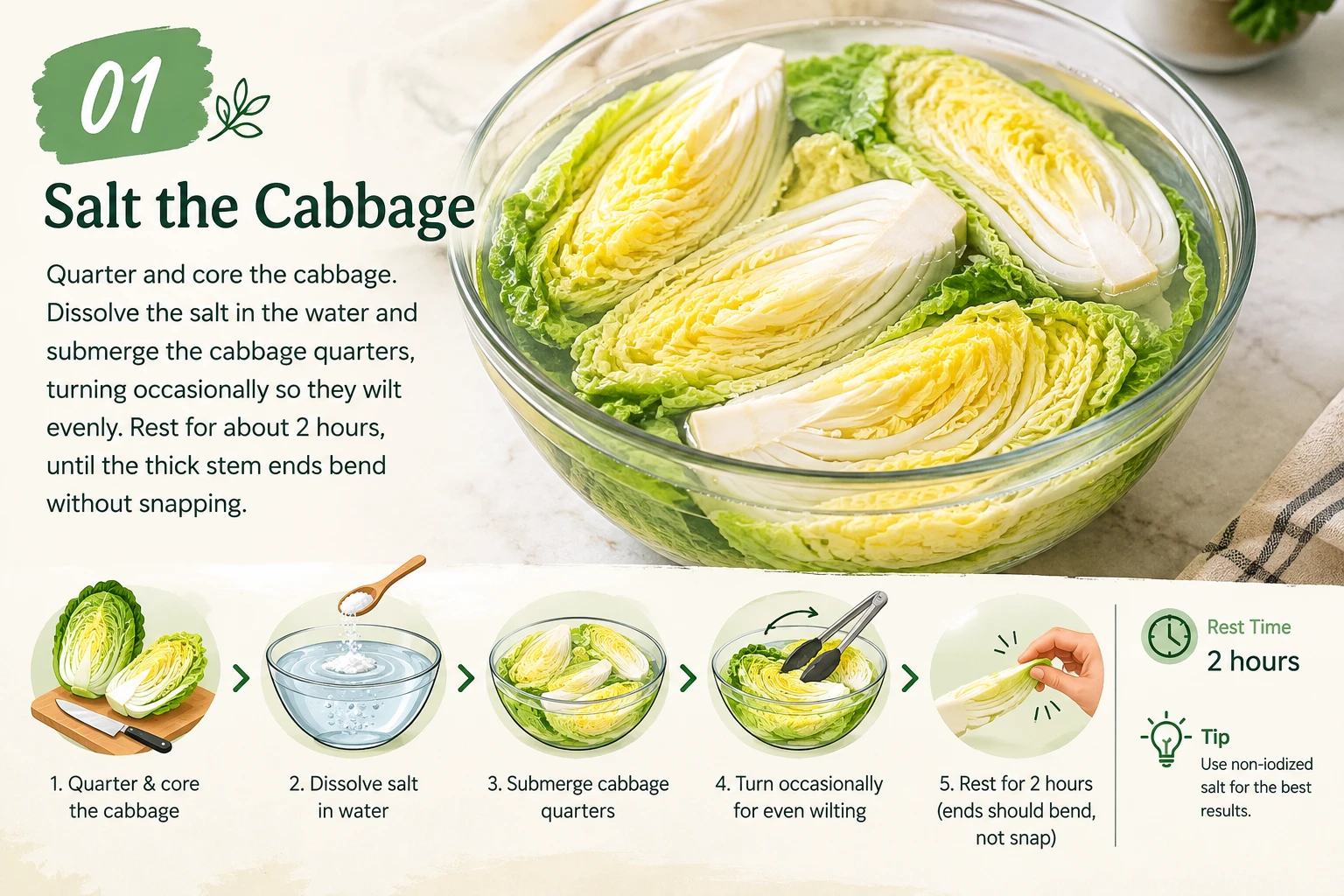 Napa cabbage quarters submerged in salt brine for vegan kimchi