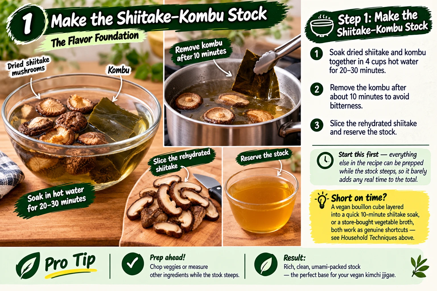 Making shiitake kombu stock for vegan kimchi jjigae
