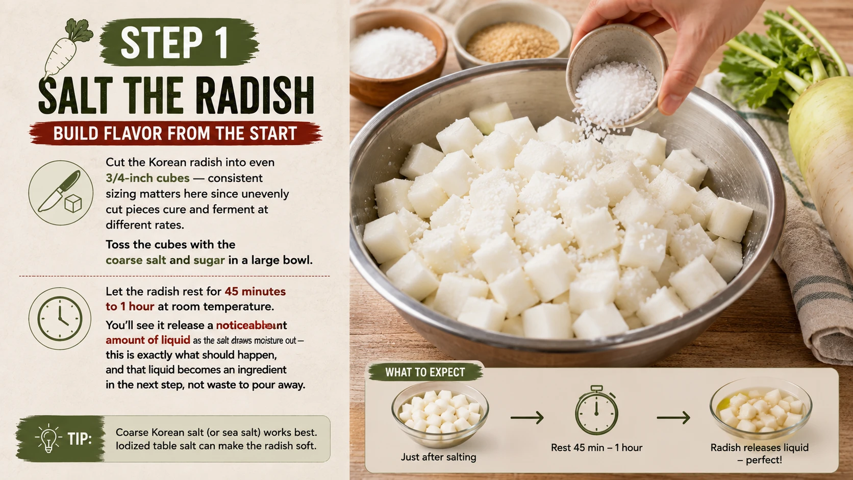 Cubed Korean radish being tossed with coarse salt and sugar for vegan kkakdugi