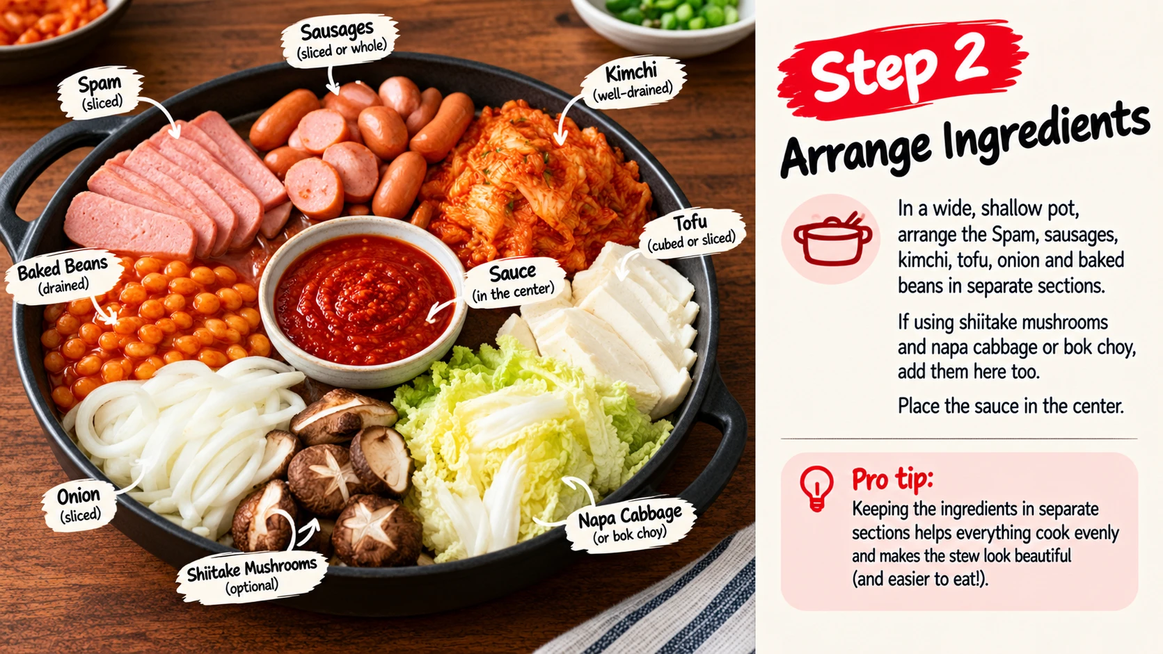 Arranging Spam sausage kimchi tofu in sections for budae jjigae