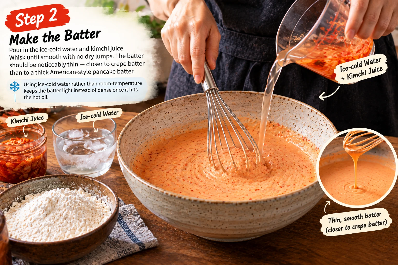 Whisking cold water and kimchi juice into flour and potato starch to make kimchi pancake batter