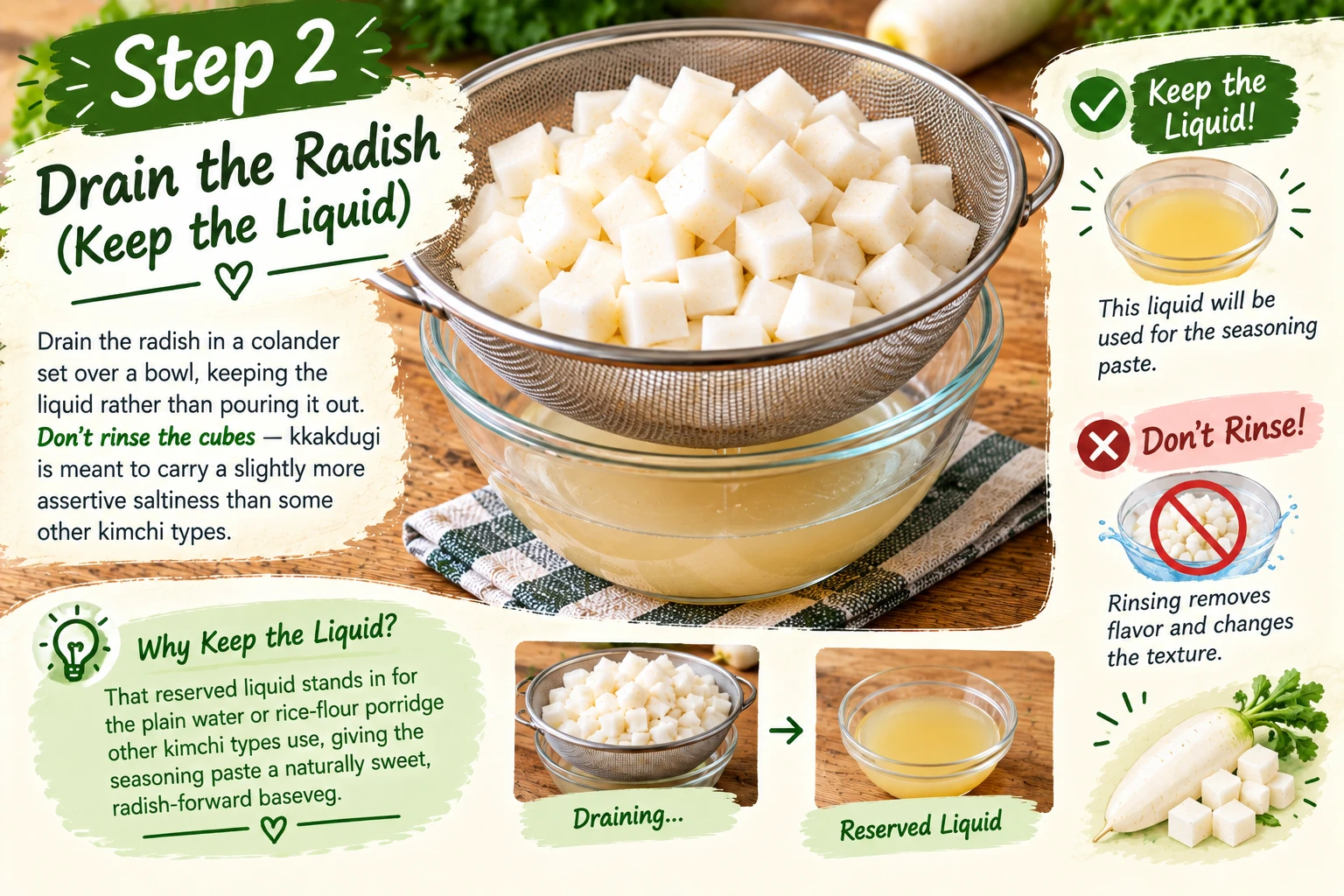 Draining salted radish cubes over a bowl to reserve the liquid for kkakdugi seasoning