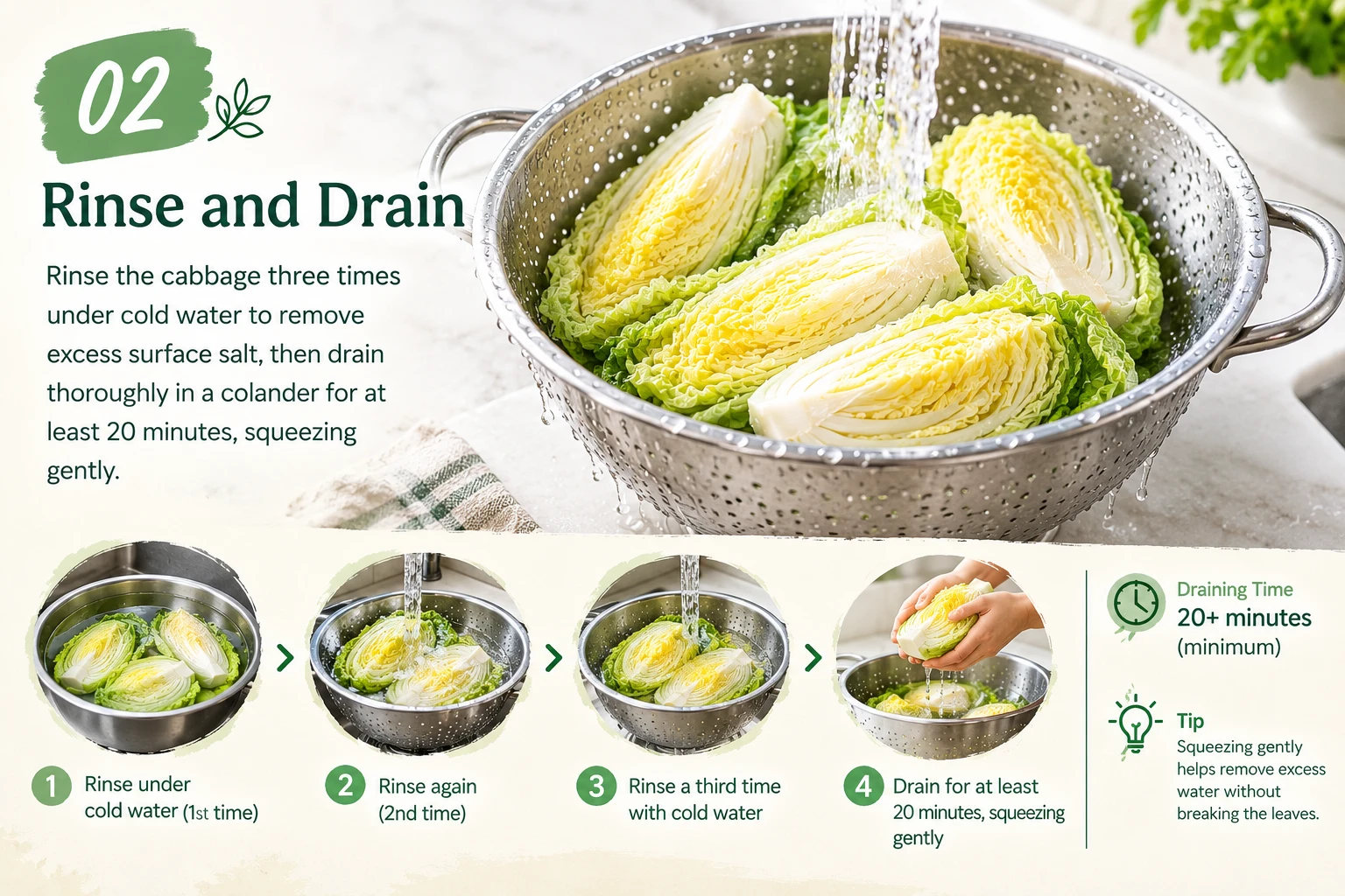 Salted cabbage being rinsed and drained for vegan kimchi