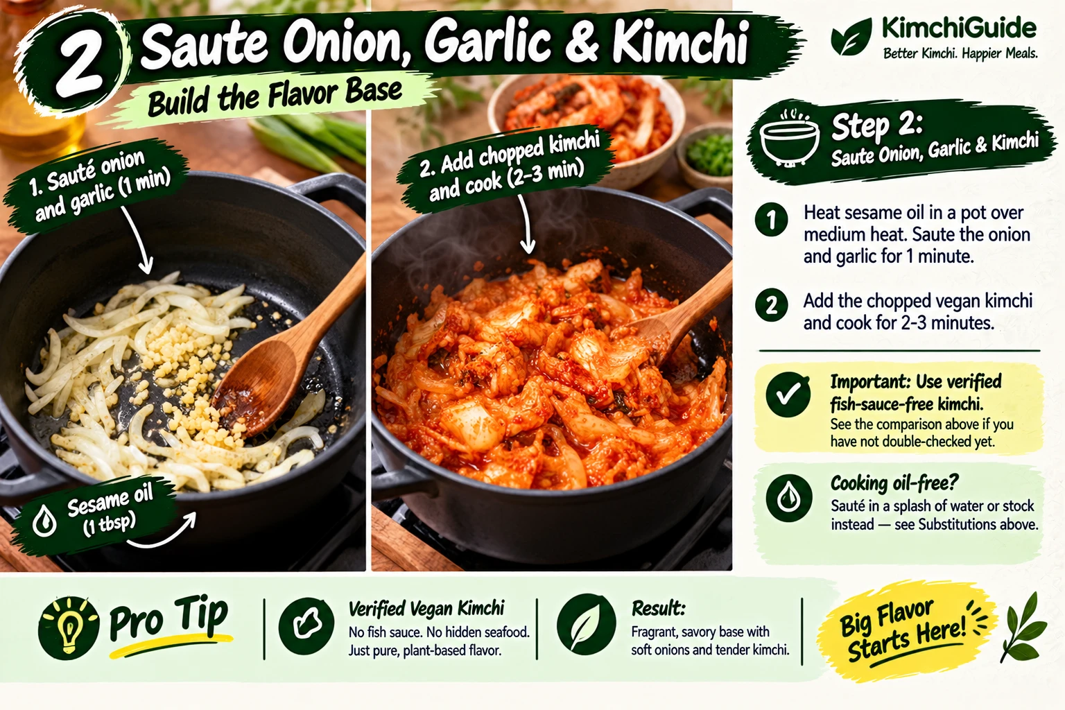 Sauteing onion garlic and kimchi for vegan kimchi jjigae