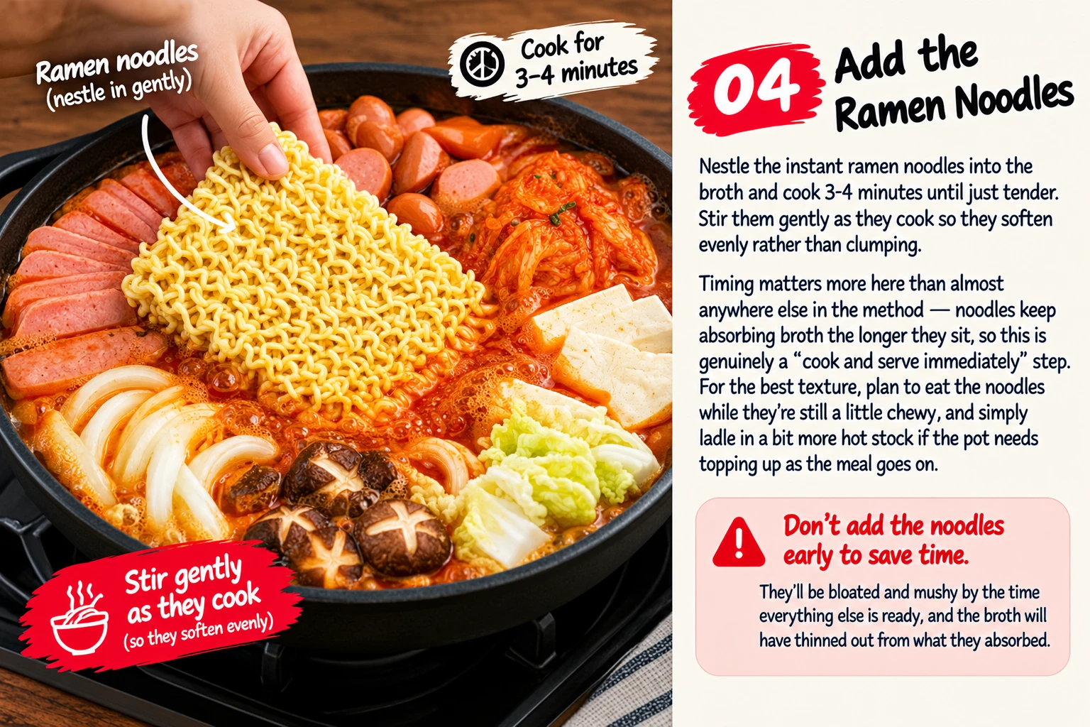Adding ramen noodles to budae jjigae broth