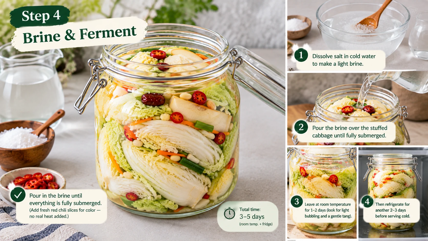 Stuffed cabbage submerged in clear brine in a jar for baek kimchi fermentation
