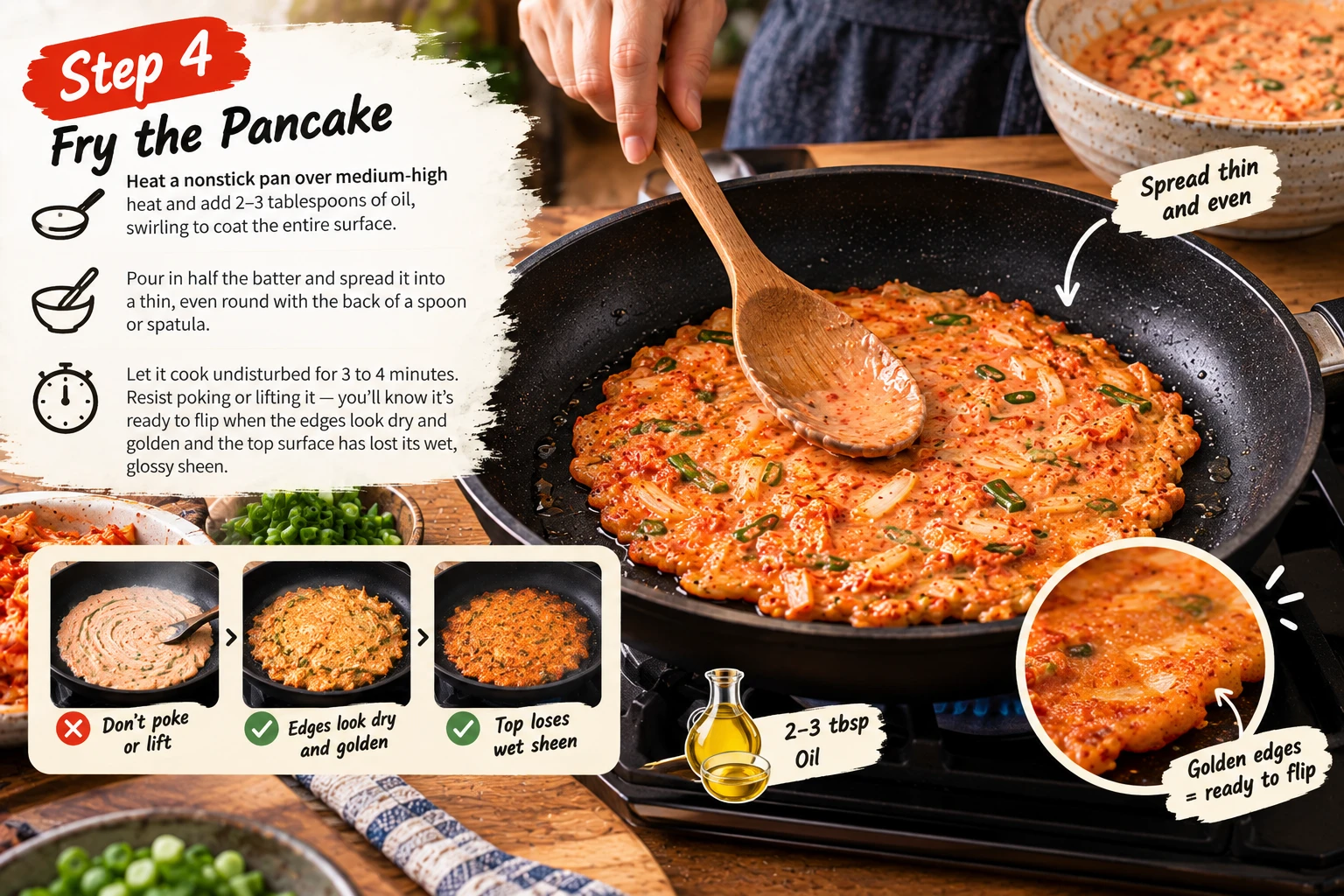 Kimchi pancake batter spread thin and frying in a hot oiled pan