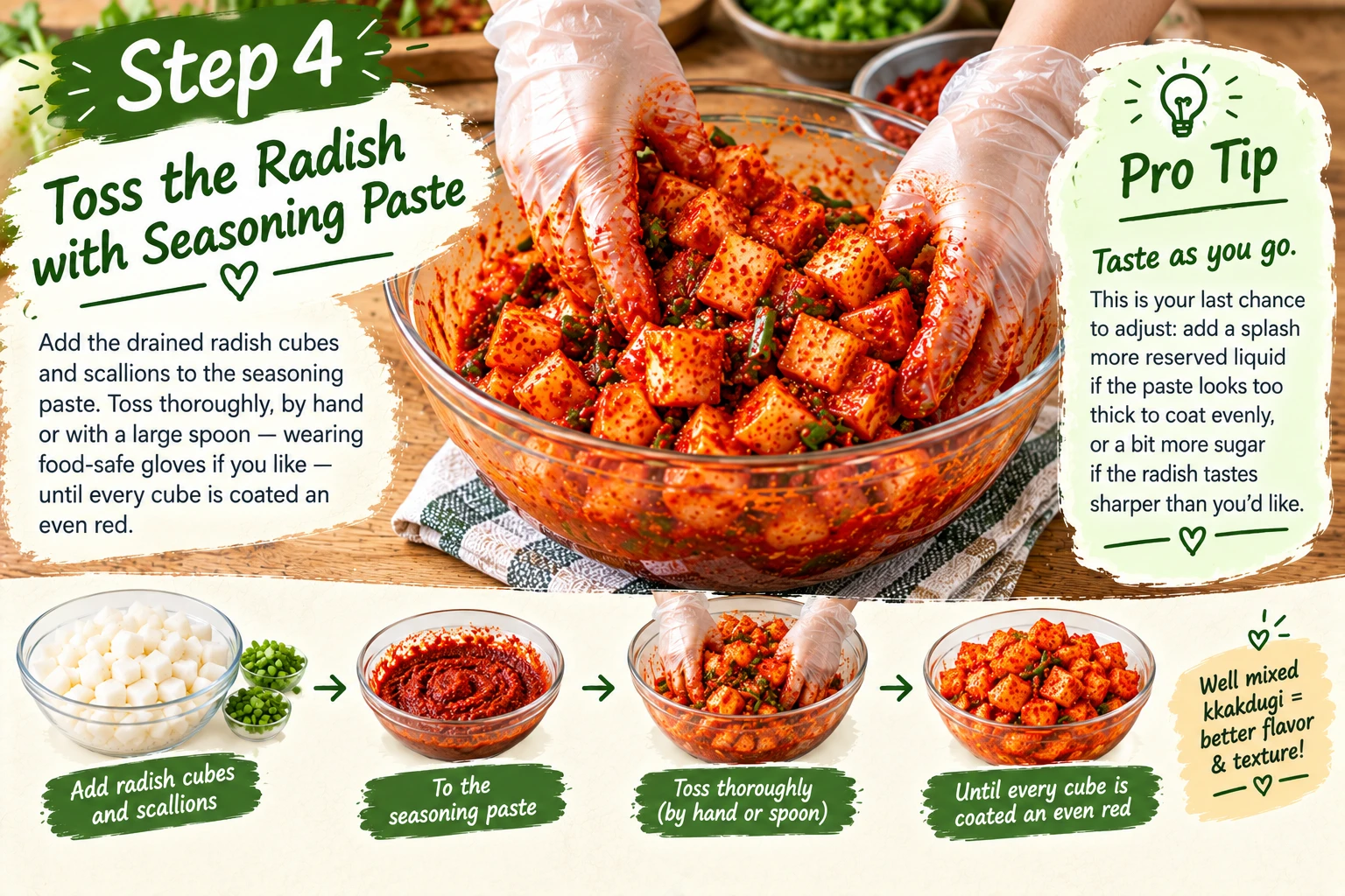Tossing cubed radish and scallions in red gochugaru seasoning paste to make kkakdugi