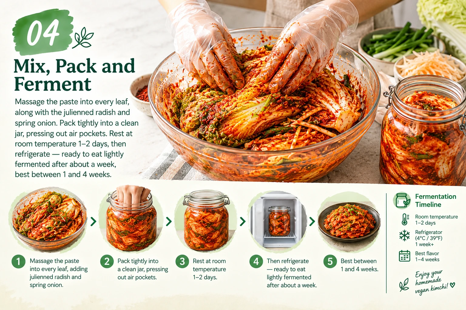 Vegan kimchi paste being massaged into cabbage leaves with radish and spring onion