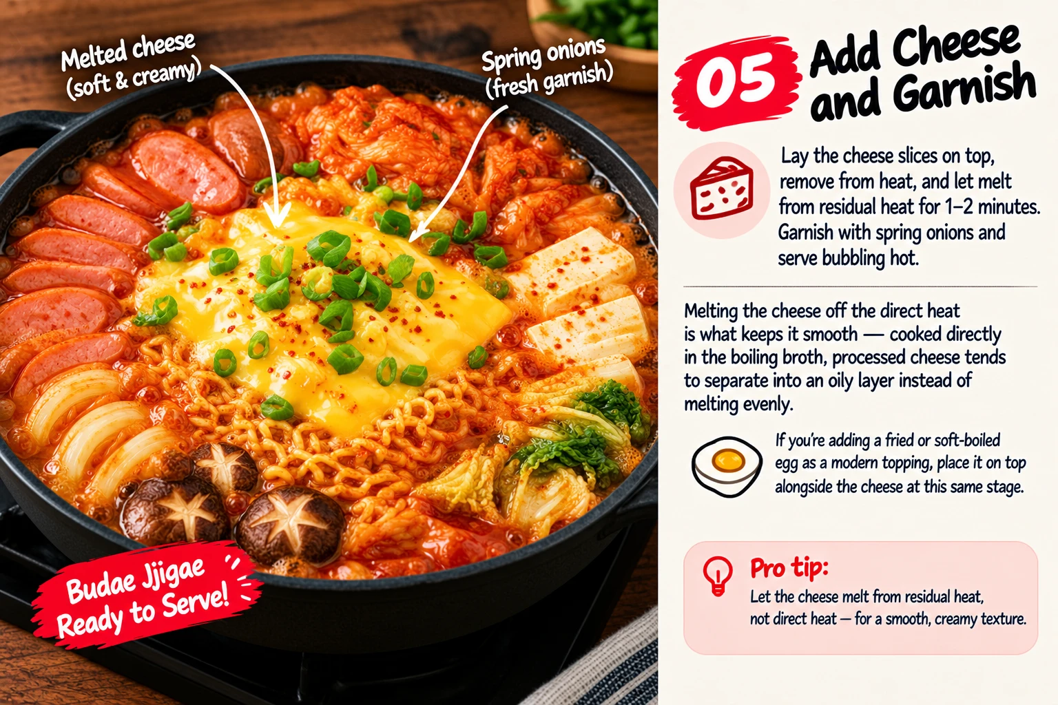 Budae jjigae finished with melted cheese and spring onions
