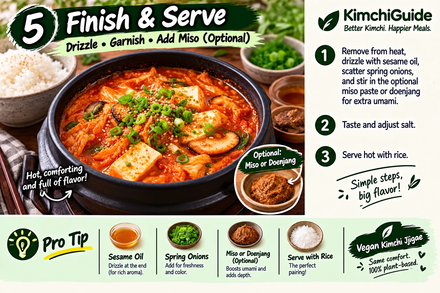 Finishing and serving vegan kimchi jjigae