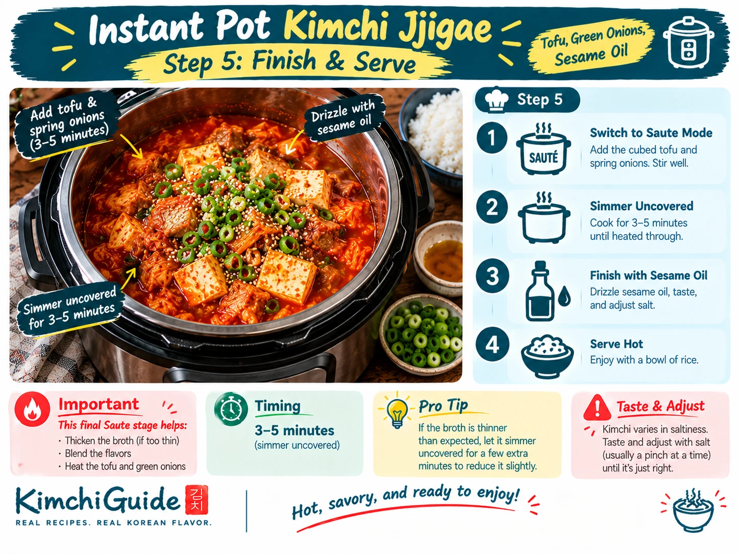 Instant Pot kimchi jjigae finished plated with sesame oil and spring onions