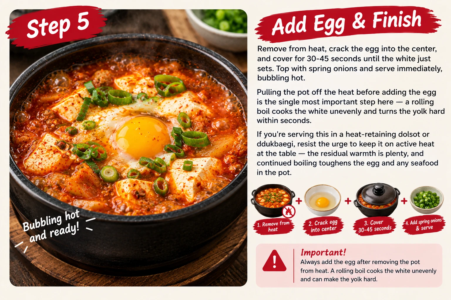 Step 5 infographic: cracking egg into the center off heat and finishing with spring onions for soondubu kimchi jjigae