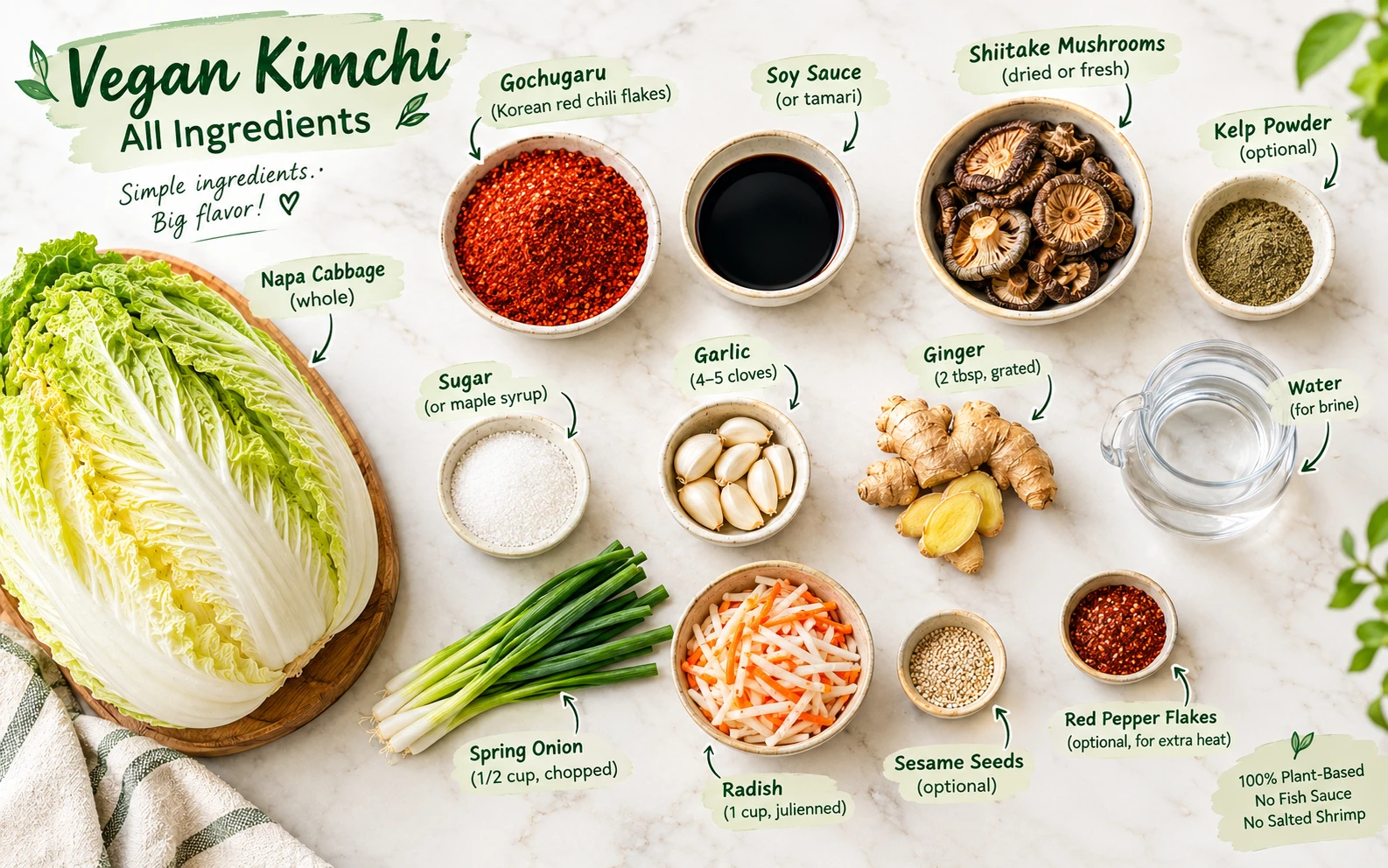 Flat lay of every ingredient needed for vegan kimchi including napa cabbage, gochugaru, soy sauce, shiitake, garlic and spring onion