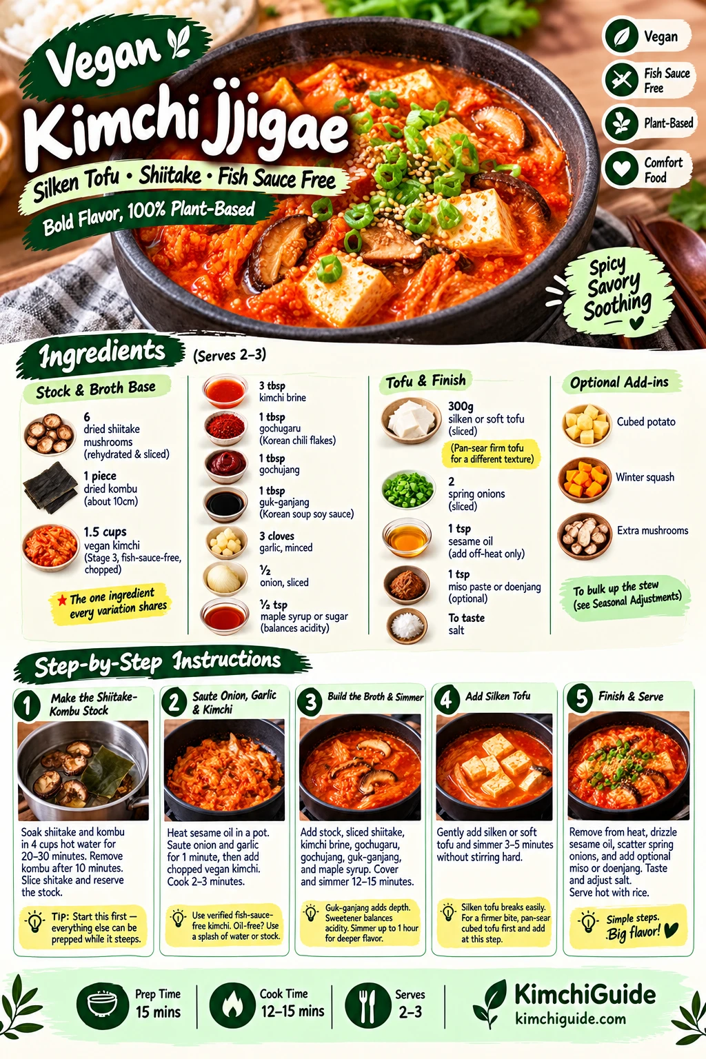 Vegan kimchi jjigae recipe card silken tofu shiitake fish sauce free kimchi