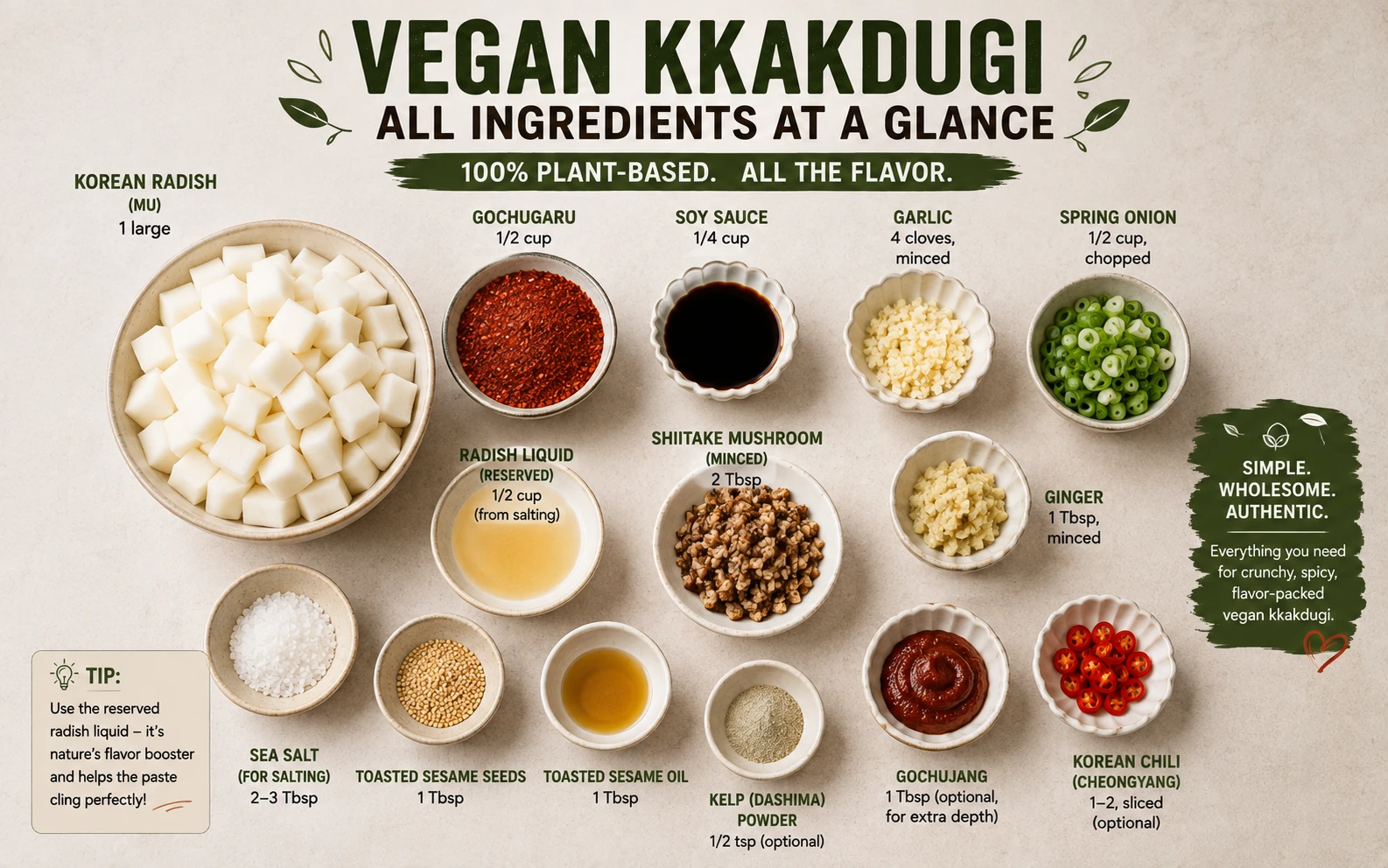Flat lay of every ingredient needed for vegan kkakdugi including Korean radish, gochugaru, soy sauce, shiitake mushroom, garlic and spring onion