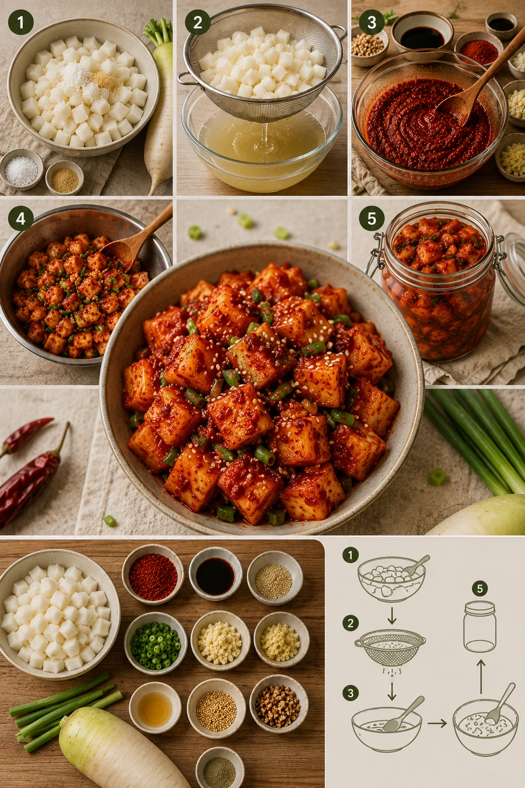 Overhead shot of vegan kkakdugi cubed radish kimchi with no fish sauce or salted shrimp — Pinterest recipe card