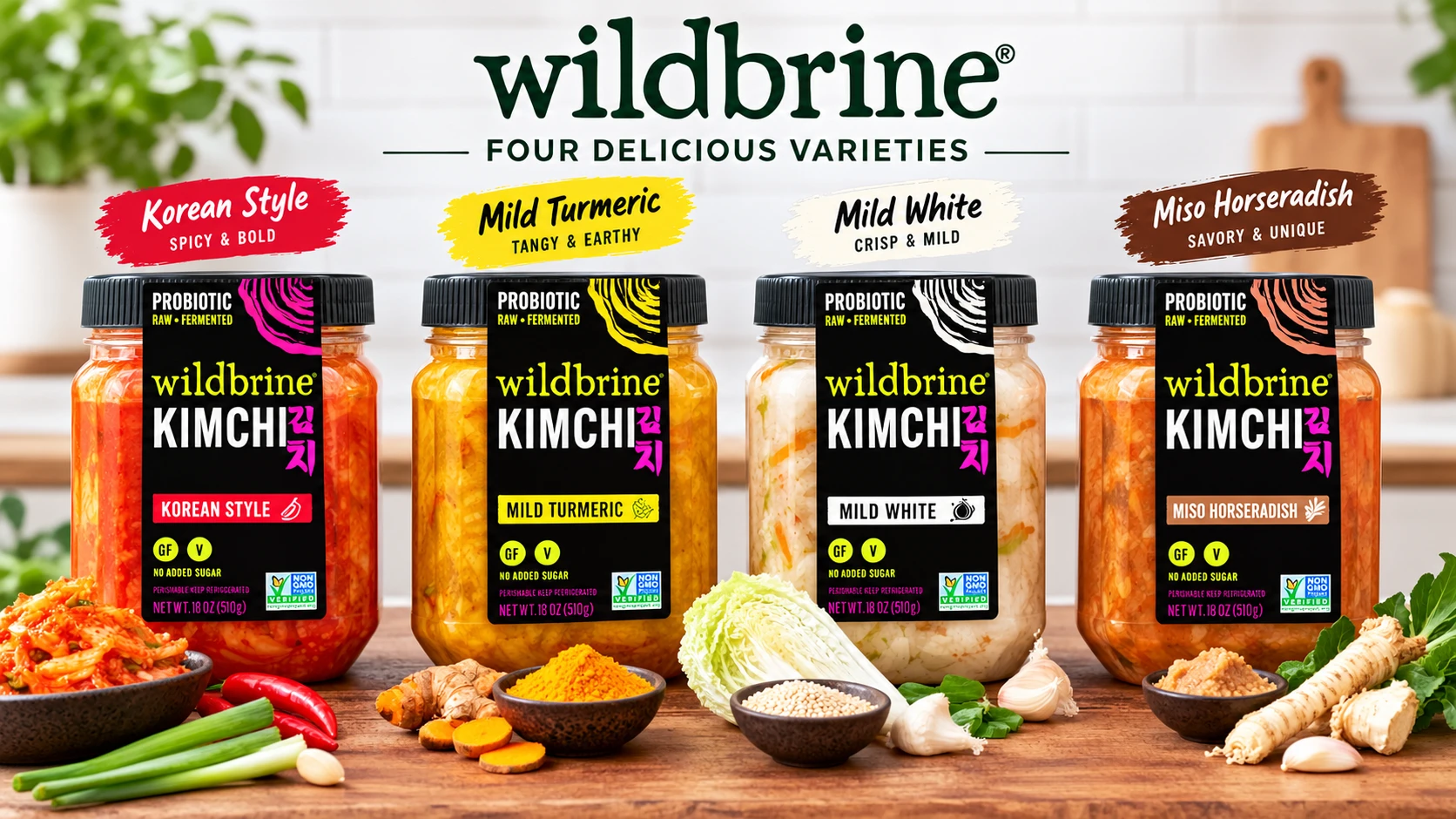 Wildbrine kimchi four varieties side by side Korean Style Turmeric White Miso Horseradish