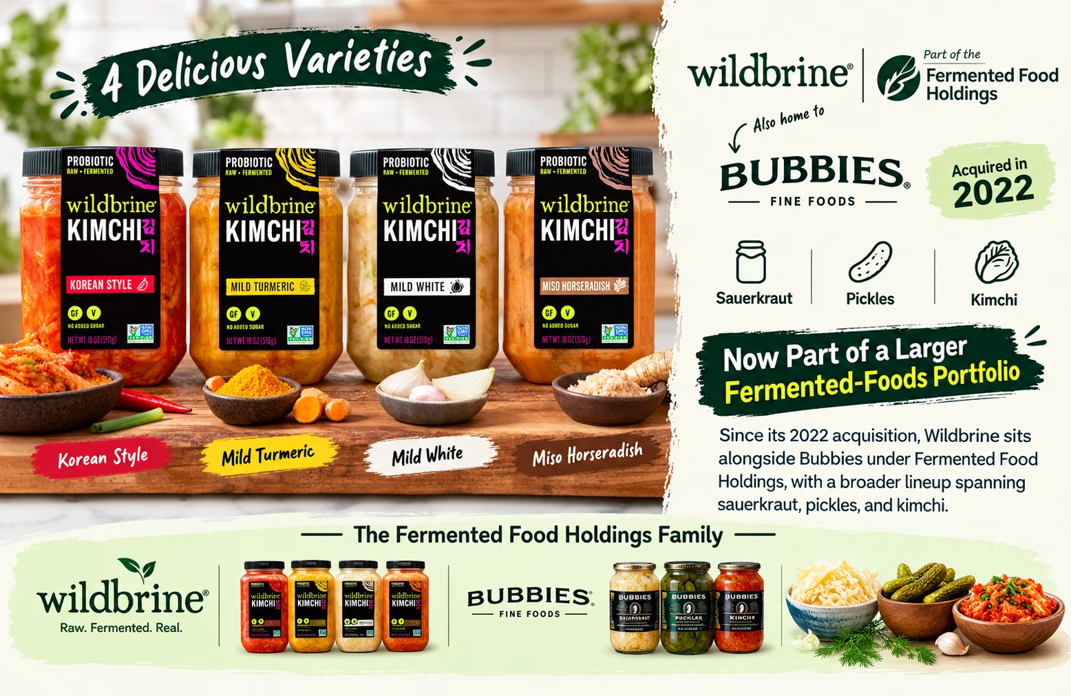 Wildbrine kimchi four varieties Korean Style Mild Turmeric White Miso Horseradish