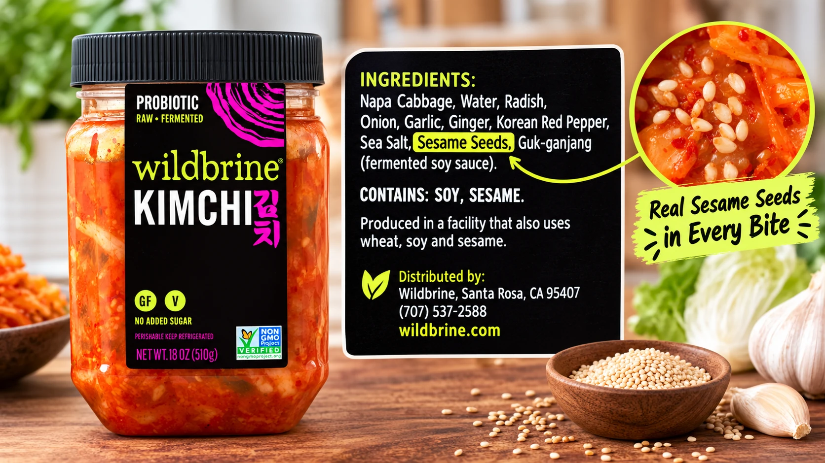 Wildbrine Kimchi ingredients label closeup showing sesame seeds