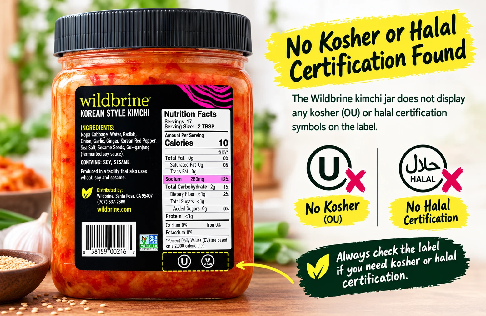 Wildbrine Kimchi no kosher or halal certification found on label