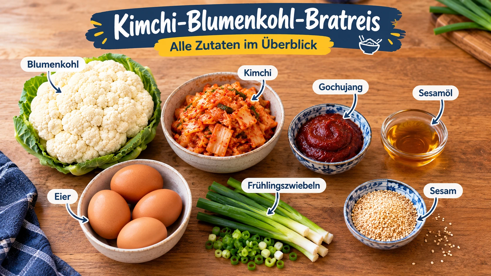 Alle Zutaten für Kimchi-Blumenkohl-Bratreis übersichtlich angeordnet: Blumenkohl, Kimchi, Gochujang, Sesamöl, Eier, Frühlingszwiebeln und Sesam